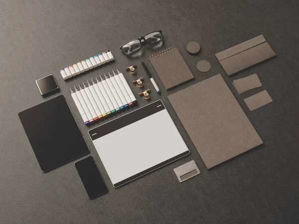 Black Corporate Identity. Branding Mock Up. Office supplies, Gadgets. 3D illustration