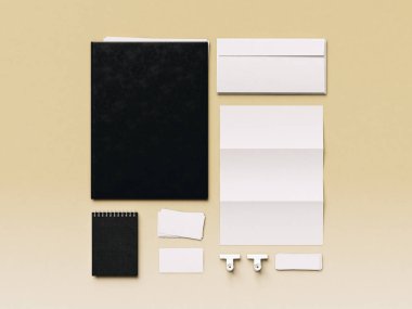 Kurumsal kimlik. Kadar sahte marka. Ofis, banka donatımı, becerikli alet. 3D çizim