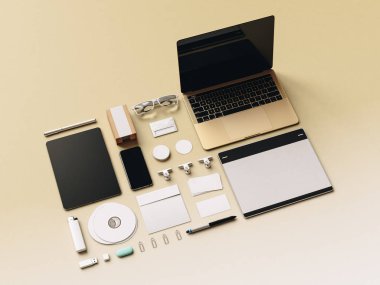 Kurumsal kimlik. Kadar sahte marka. Ofis, banka donatımı, becerikli alet. 3D çizim