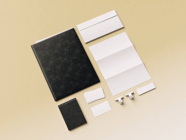 Kurumsal kimlik. Kadar sahte marka. Ofis, banka donatımı, becerikli alet. 3D çizim