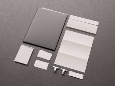 Kurumsal kimlik. Kadar sahte marka. Ofis, banka donatımı, becerikli alet. 3D çizim