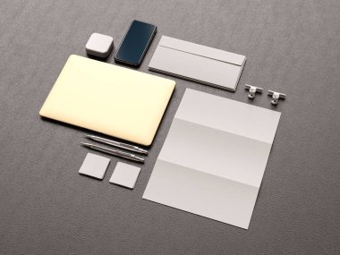 Kurumsal kimlik. Kadar sahte marka. Ofis, banka donatımı, becerikli alet. 3D çizim