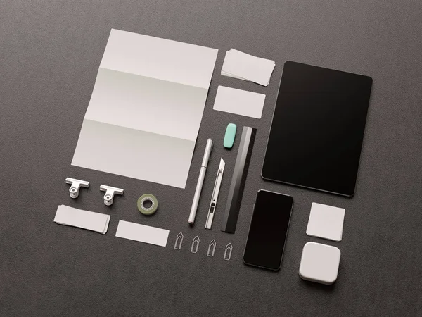 Corporate Identity. Branding Mock Up. Kantoorartikelen, Gadgets. 3D illustratie — Stockfoto