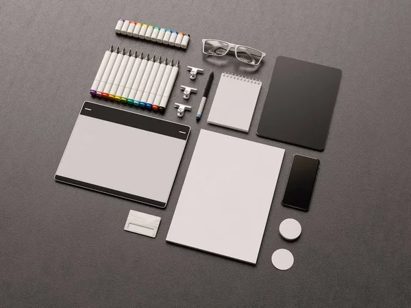Corporate Identity. Branding Mock Up. Office supplies, Gadgets. 3D illustration — Stock Photo, Image