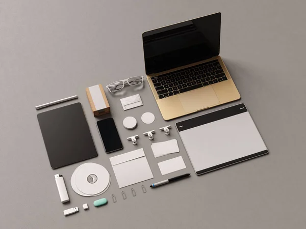 Branding finto. Forniture d'ufficio, Gadgets. Illustrazione 3D — Foto Stock