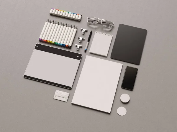 Branding Mock Up. Office supplies, Gadgets. 3D illustration — Stock Photo, Image