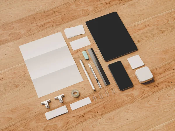 Branding Mock Up. Material de oficina, Gadgets. Ilustración 3D — Foto de Stock