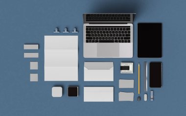 İleti örneği ve Mockup marka. Ofis, banka donatımı, becerikli alet. 3D çizim