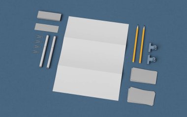 İleti örneği ve Mockup marka. Ofis, banka donatımı, becerikli alet. 3D çizim