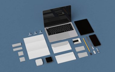 İleti örneği ve Mockup marka. Ofis, banka donatımı, becerikli alet. 3D çizim