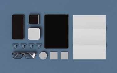 İleti örneği ve Mockup marka. Ofis, banka donatımı, becerikli alet. 3D çizim