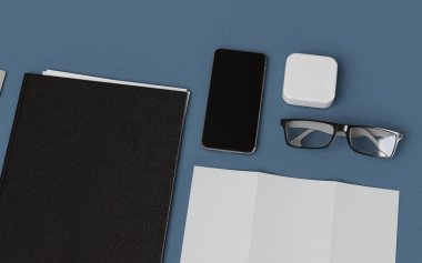 İleti örneği ve Mockup marka. Ofis, banka donatımı, becerikli alet. 3D çizim