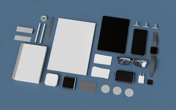 Papelaria & Branding Mockup. Material de escritório, Gadgets. Ilustração 3D — Fotografia de Stock