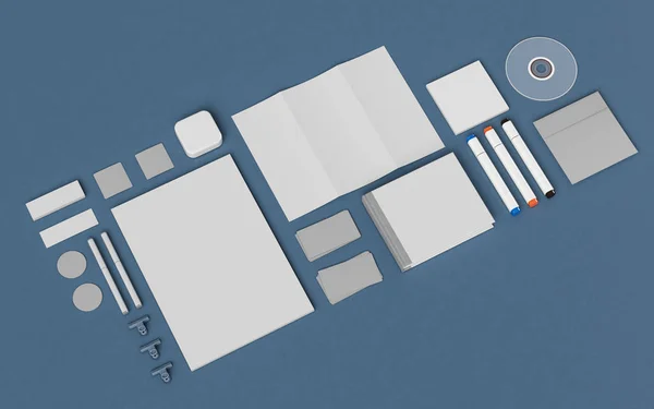 Briefpapier & Branding Mockup. Kantoorartikelen, Gadgets. 3D illustratie — Stockfoto