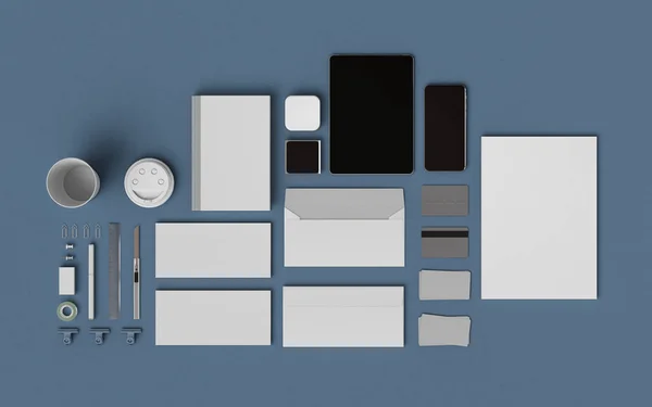 Cancelleria & Branding Mockup. Forniture d'ufficio, Gadgets. Illustrazione 3D — Foto Stock