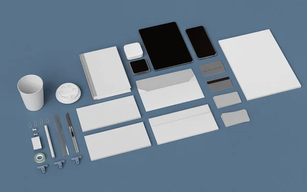Brevpapper & Branding Mockup. Kontorsmaterial, prylar. 3D illustration — Stockfoto