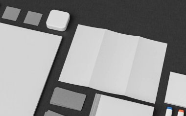 İleti örneği ve Mockup marka. Ofis, banka donatımı, becerikli alet. 3D çizim