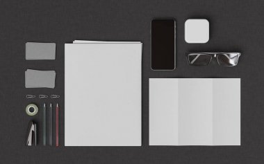 İleti örneği ve Mockup marka. Ofis, banka donatımı, becerikli alet. 3D çizim