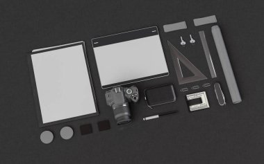 İleti örneği ve Mockup marka. Ofis, banka donatımı, becerikli alet. 3D çizim