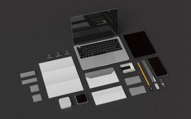 İleti örneği ve Mockup marka. Ofis, banka donatımı, becerikli alet. 3D çizim