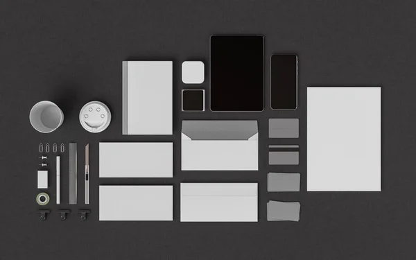 Papelería y Branding Mockup. Material de oficina, Gadgets. Ilustración 3D — Foto de Stock