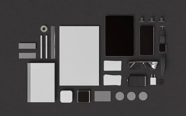 Papelería y Branding Mockup. Material de oficina, Gadgets. Ilustración 3D — Foto de Stock
