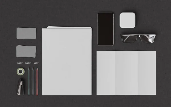 Papeterie & Branding Mockup. Des fournitures de bureau, Gadgets. Illustration 3D — Photo