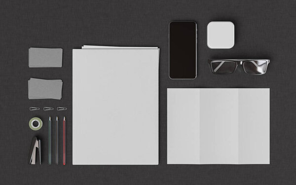Stationery & Branding Mockup . Office supplies, Gadgets. 3D illustration