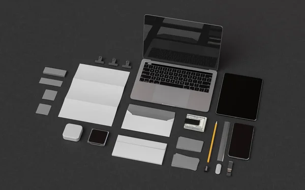 Schreibwaren & Branding-Attrappe. Bürobedarf, Gadgets. 3D-Illustration — Stockfoto