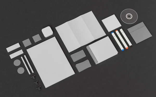 Schreibwaren & Branding-Attrappe. Bürobedarf, Gadgets. 3D-Illustration — Stockfoto