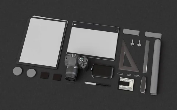 Papelaria & Branding Mockup. Material de escritório, Gadgets. Ilustração 3D — Fotografia de Stock