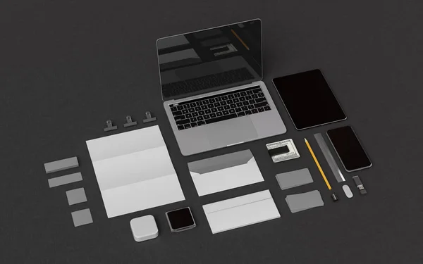 Briefpapier & Branding Mockup. Kantoorartikelen, Gadgets. 3D illustratie — Stockfoto