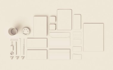 Beyaz kırtasiye ve Mockup marka. Ofis, banka donatımı, becerikli alet. 3D çizim