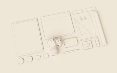 Beyaz kırtasiye ve Mockup marka. Ofis, banka donatımı, becerikli alet. 3D çizim