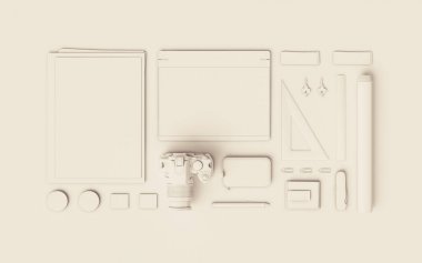 Beyaz kırtasiye ve Mockup marka. Ofis, banka donatımı, becerikli alet. 3D çizim