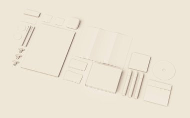 Beyaz kırtasiye ve Mockup marka. Ofis, banka donatımı, becerikli alet. 3D çizim