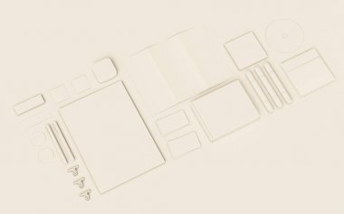Beyaz kırtasiye ve Mockup marka. Ofis, banka donatımı, becerikli alet. 3D çizim