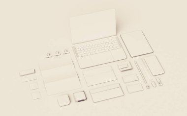 Beyaz kırtasiye ve Mockup marka. Ofis, banka donatımı, becerikli alet. 3D çizim