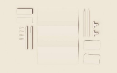 Beyaz kırtasiye ve Mockup marka. Ofis, banka donatımı, becerikli alet. 3D çizim