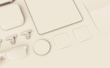 Beyaz kırtasiye ve Mockup marka. Ofis, banka donatımı, becerikli alet. 3D çizim