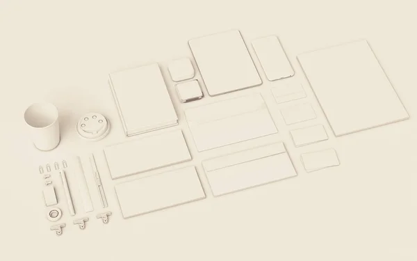 Λευκό χαρτικά & Branding κοροϊδεύω. Είδη γραφείου, Gadgets. 3D απεικόνιση — Φωτογραφία Αρχείου