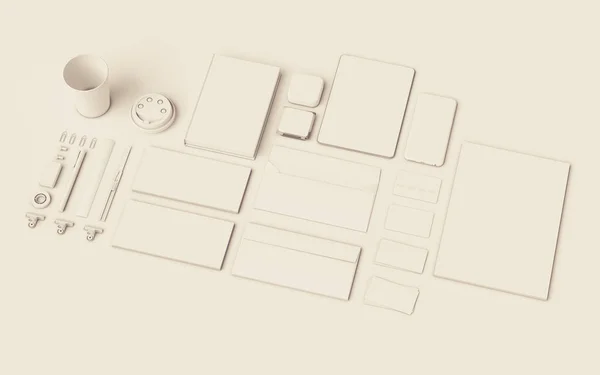 White Stationery & Branding Mockup. Material de oficina, Gadgets. Ilustración 3D — Foto de Stock