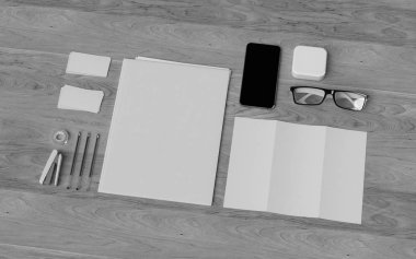 Siyah ve beyaz kırtasiye ve marka Mockup. Ofis, banka donatımı, becerikli alet. 3D çizim