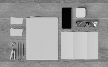 Siyah ve beyaz kırtasiye ve marka Mockup. Ofis, banka donatımı, becerikli alet. 3D çizim