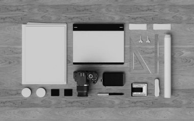 Siyah ve beyaz kırtasiye ve marka Mockup. Ofis, banka donatımı, becerikli alet. 3D çizim