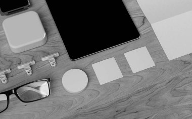 Siyah ve beyaz kırtasiye ve marka Mockup. Ofis, banka donatımı, becerikli alet. 3D çizim