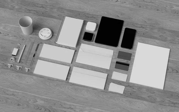 Black and White Stationery & Branding Mockup. Офисные принадлежности, Гаджеты. 3D иллюстрация — стоковое фото