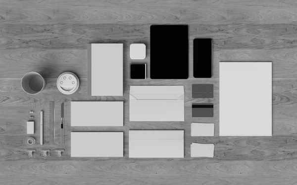 Modèle noir et blanc de papeterie et de marque. Des fournitures de bureau, Gadgets. Illustration 3D — Photo
