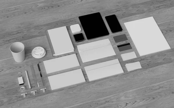Siyah ve beyaz kırtasiye ve marka Mockup. Ofis, banka donatımı, becerikli alet. 3D çizim — Stok fotoğraf