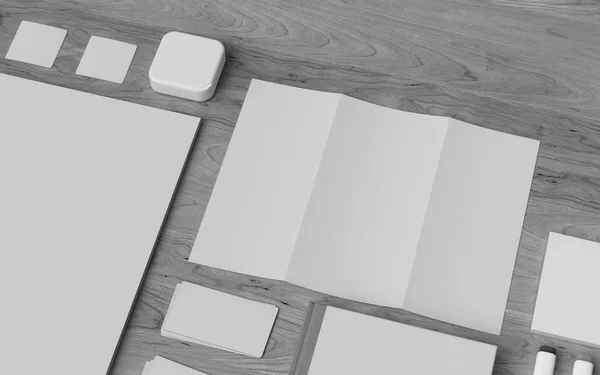 Μαύρο και άσπρο χαρτικά & Branding κοροϊδεύω. Είδη γραφείου, Gadgets. 3D απεικόνιση — Φωτογραφία Αρχείου